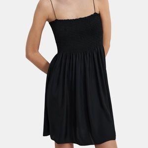 Theory black twill bustier dress with shirred top, size large